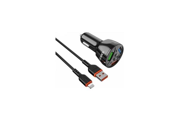 Kaku avtopolnilec KSC-493 3.0 QC s kablom 1m Lightning iPhone 12 - črn